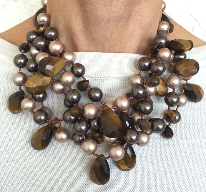 Tiger Eye Powder Almond & Swarovski Pearl Statement Necklace