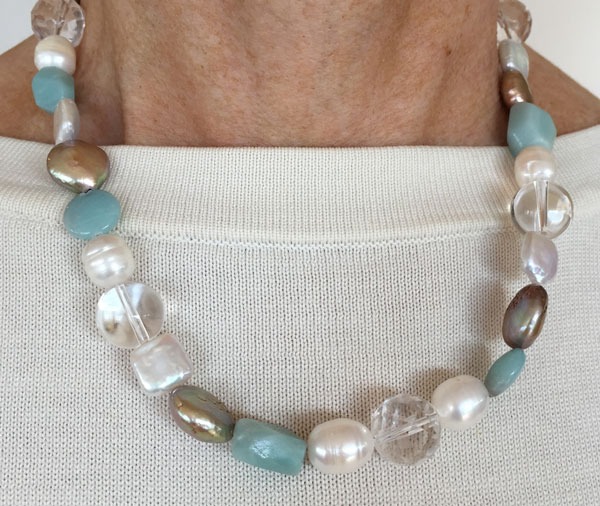 Amazonite, Fresh Water Pearl, & Crystal Necklace