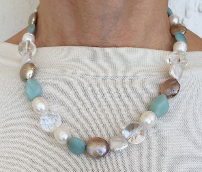 Amazonite, Fresh Water Pearl, & Crystal Necklace