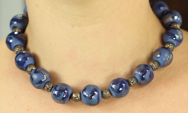 Hand-Painted Blue Porcelain Bead Necklace